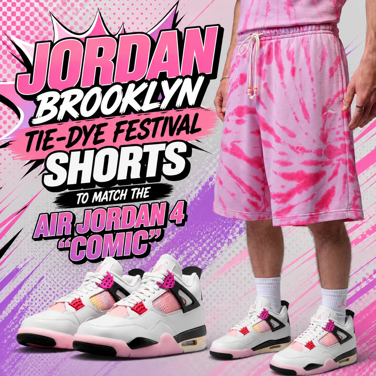 Promotional graphic featuring the Jordan Brooklyn Tie-Dye Festival Shorts styled with the Air Jordan 4 "Comic" sneakers against a pink and purple comic-inspired background.
