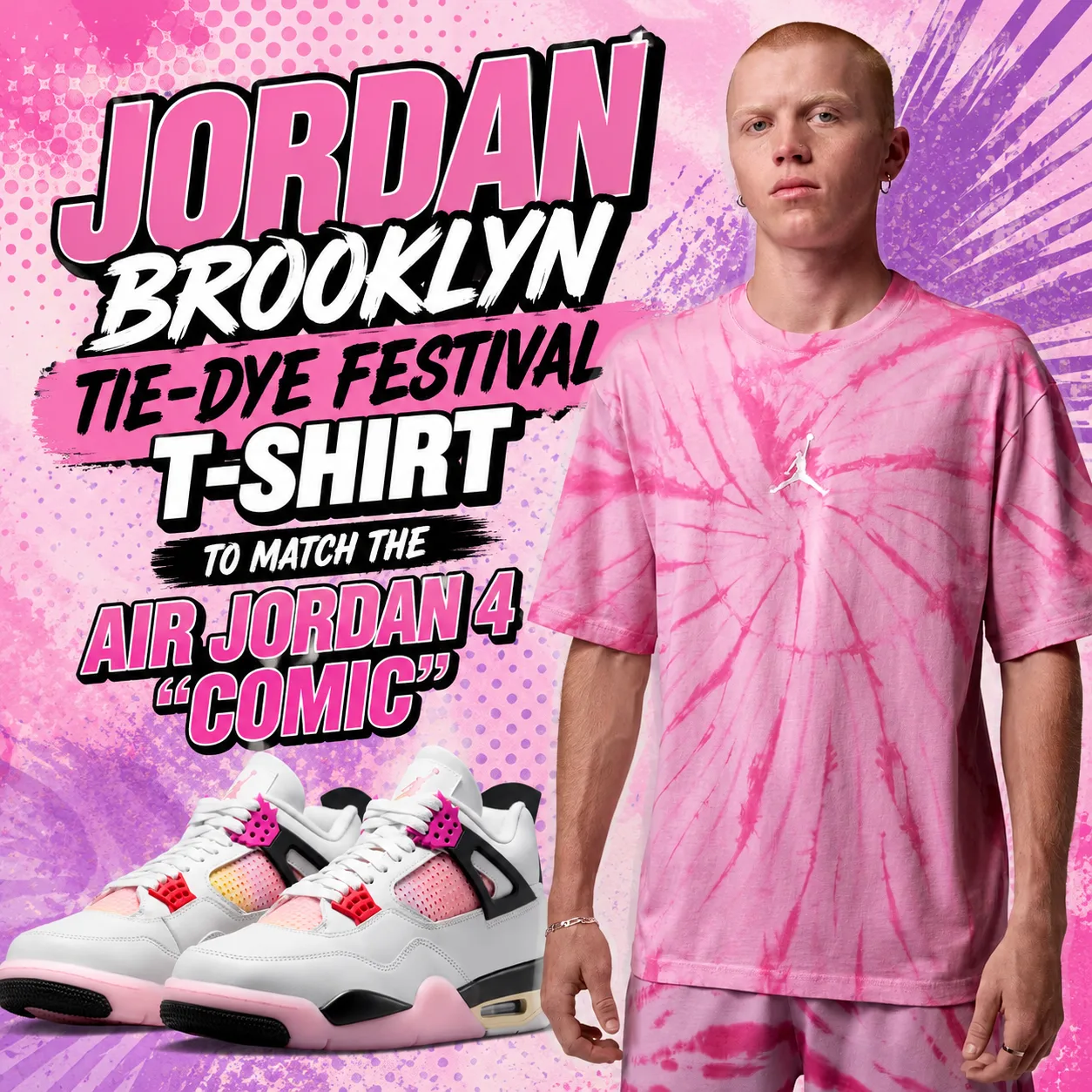 Jordan Brooklyn Tie-Dye Festival T-Shirt styled with the Air Jordan 4 "Comic" sneakers on a pink and purple comic-inspired background.