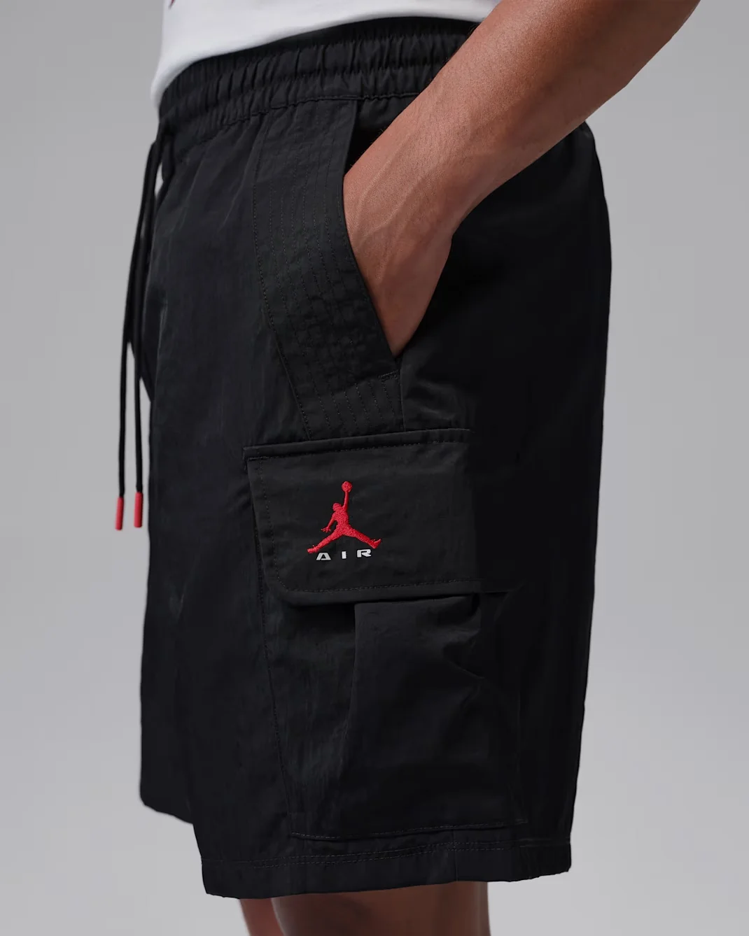 Jordan Brooklyn Woven Cargo Shorts in Black and University Red detail