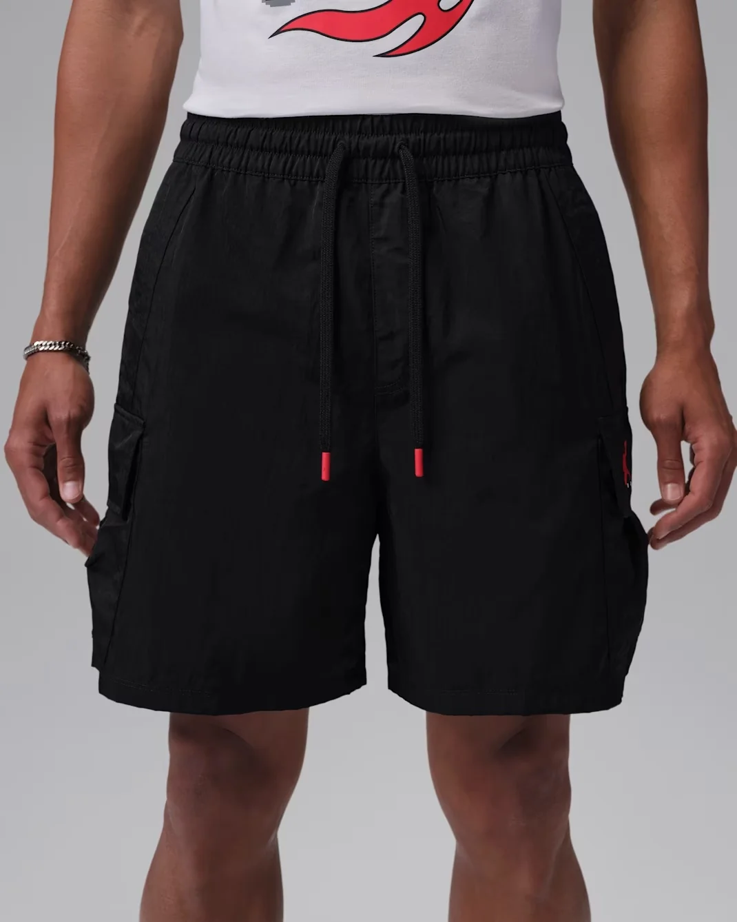 Jordan Brooklyn Woven Cargo Shorts in Black with University Red accents