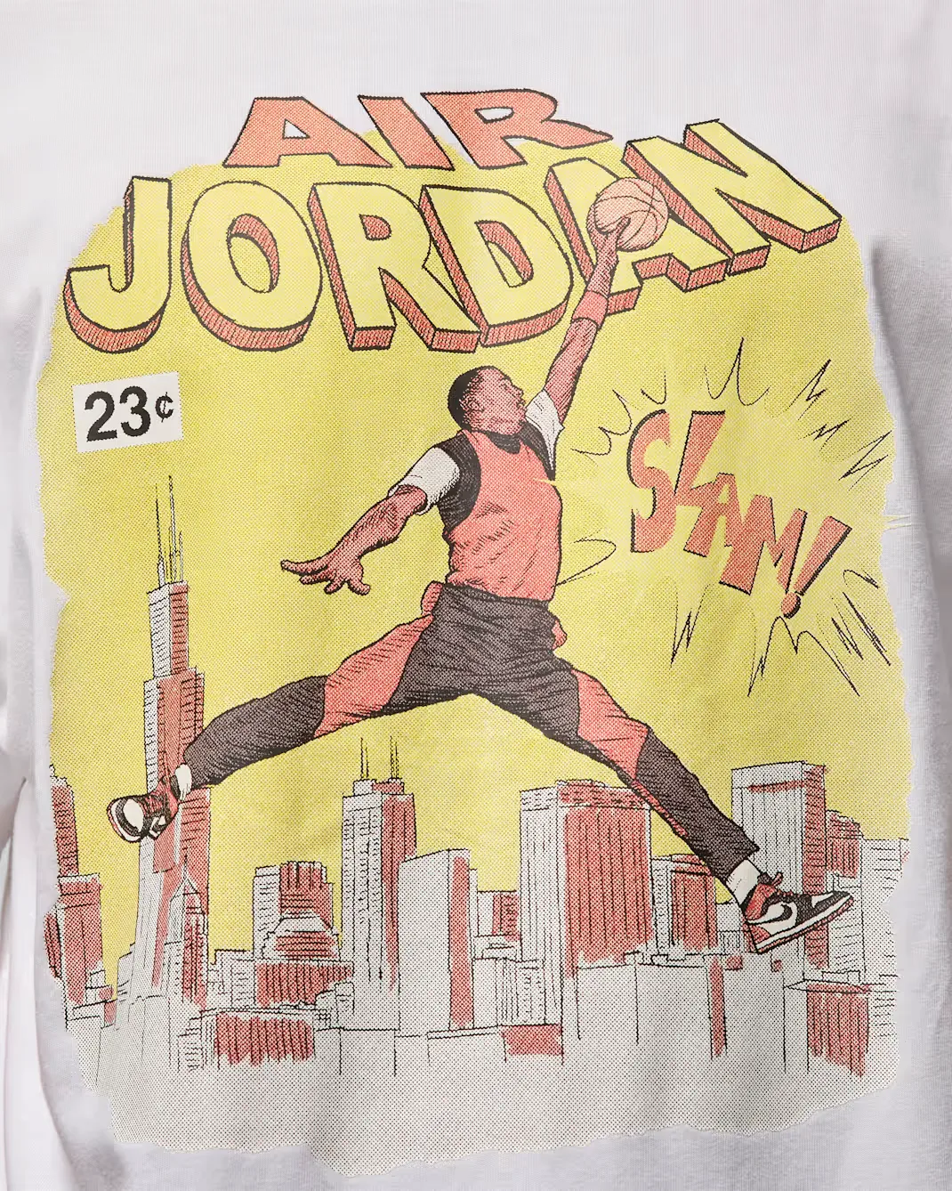 Close-up of the vintage comic-inspired Air Jordan graphic printed on the white Jordan Comic T-Shirt.