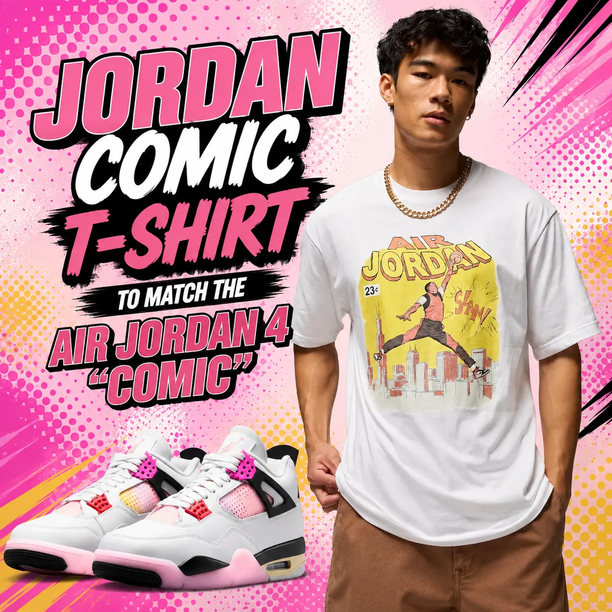 Jordan Comic T-Shirt styled with the Air Jordan 4 "Comic" sneakers on a pink comic-inspired background with bold graphic text highlighting the matching outfit.