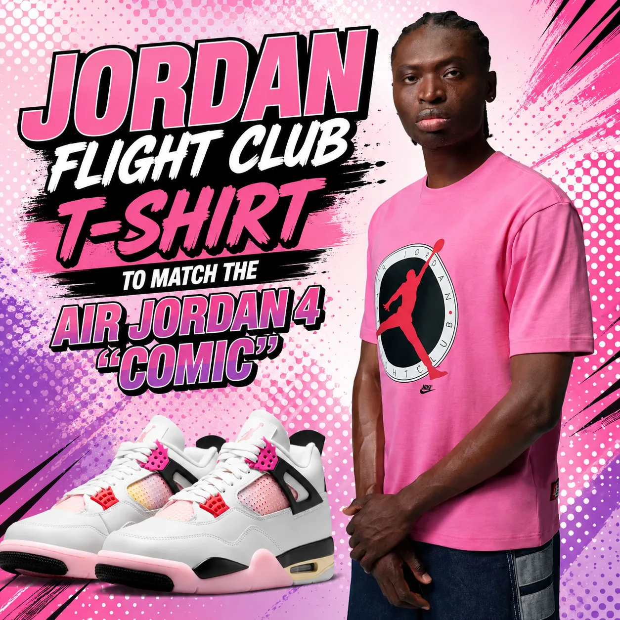 Jordan Flight Club T-Shirt in pink displayed alongside the Air Jordan 4 "Comic" sneakers on a pink comic-inspired background with promotional text.