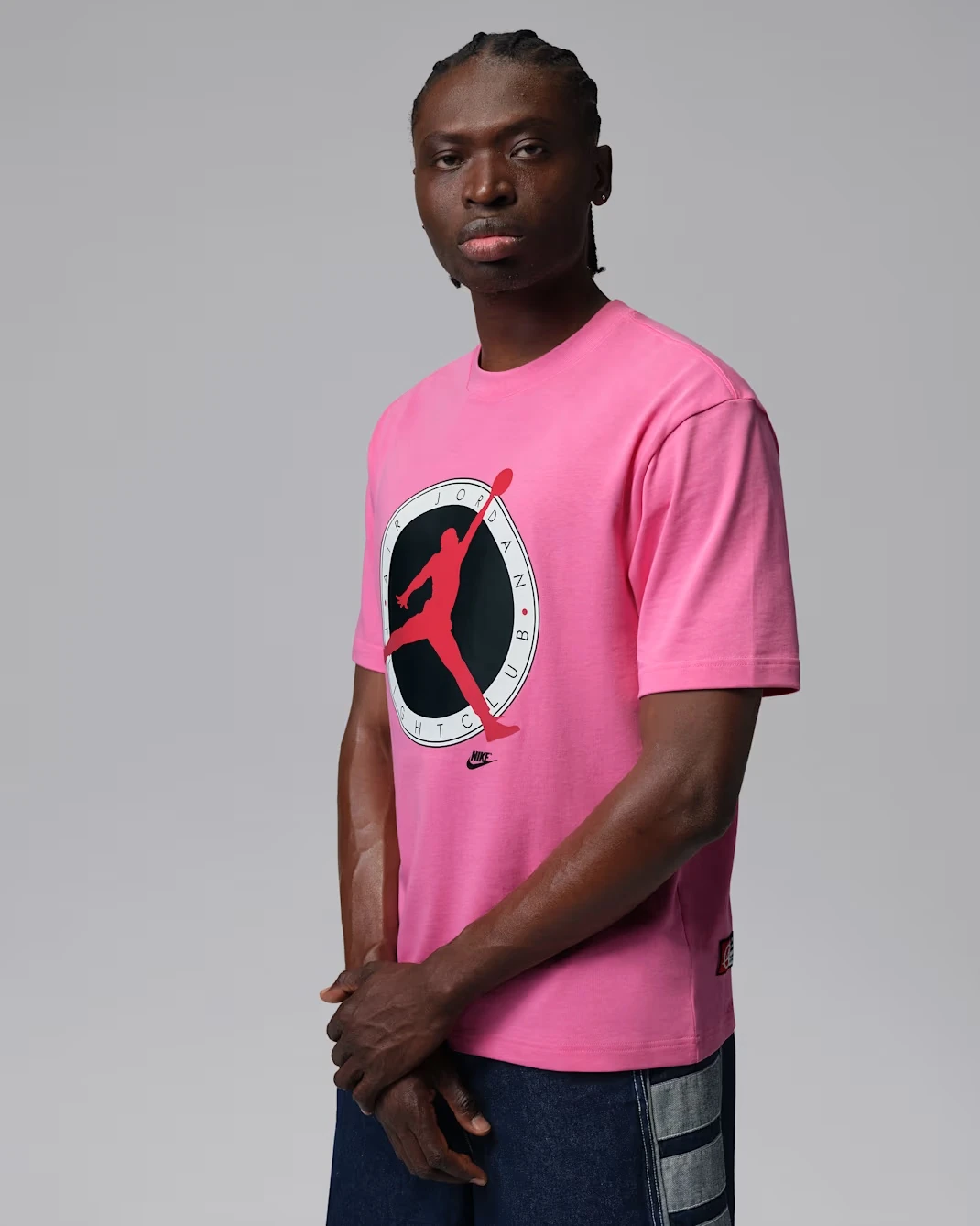 Jordan Flight Club T-Shirt in Pinksicle with a large Jumpman Basketball Club logo graphic.