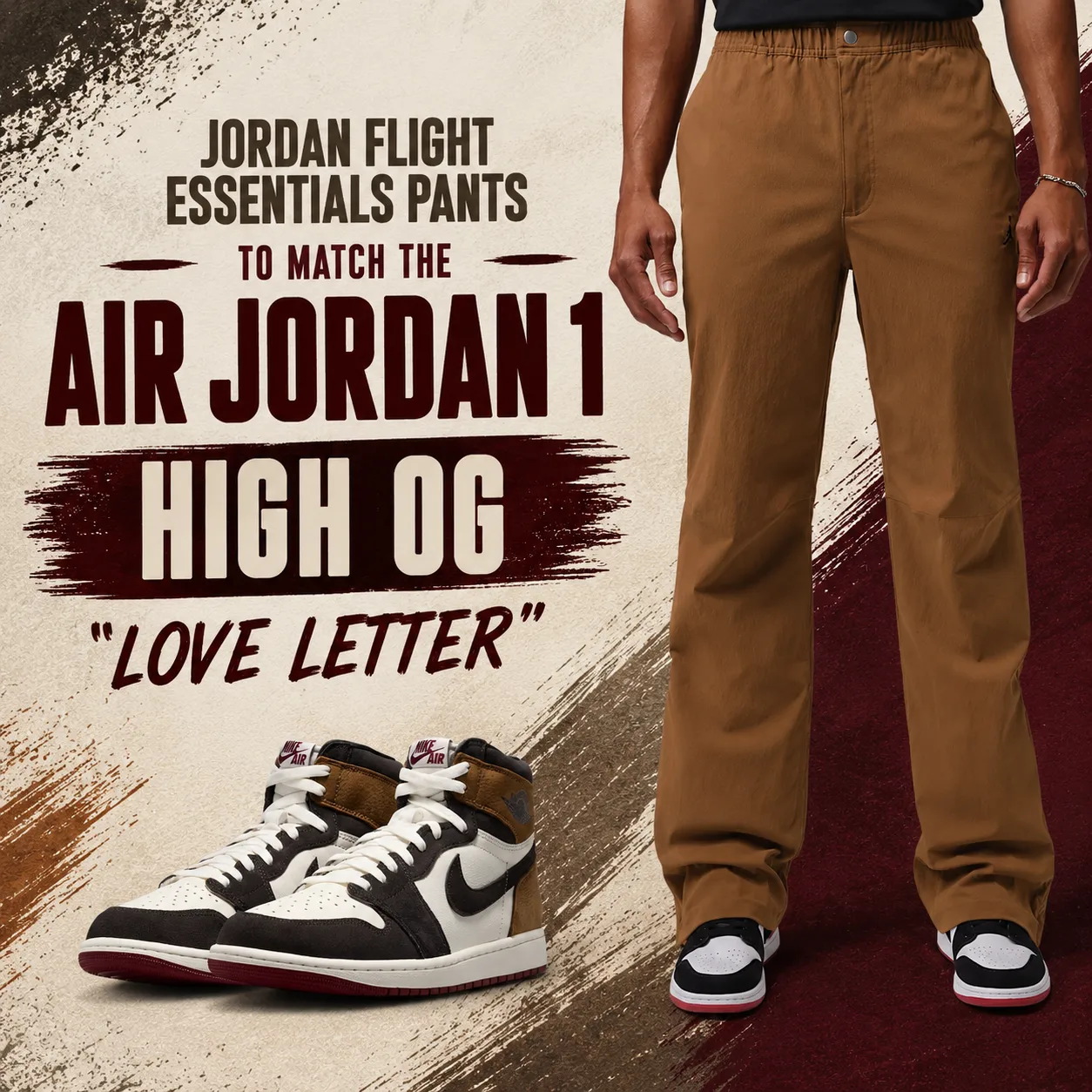 Air Jordan 1 High OG "Love Letter" sneakers alongside a model wearing the Jordan Flight Essentials Pants with a bold editorial title highlighting the matching outfit.