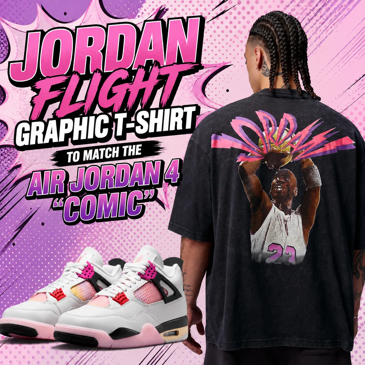Jordan Flight Graphic T-Shirt in Black paired with the Air Jordan 4 "Comic" sneakers on a comic book-inspired pink and purple background with bold title text.