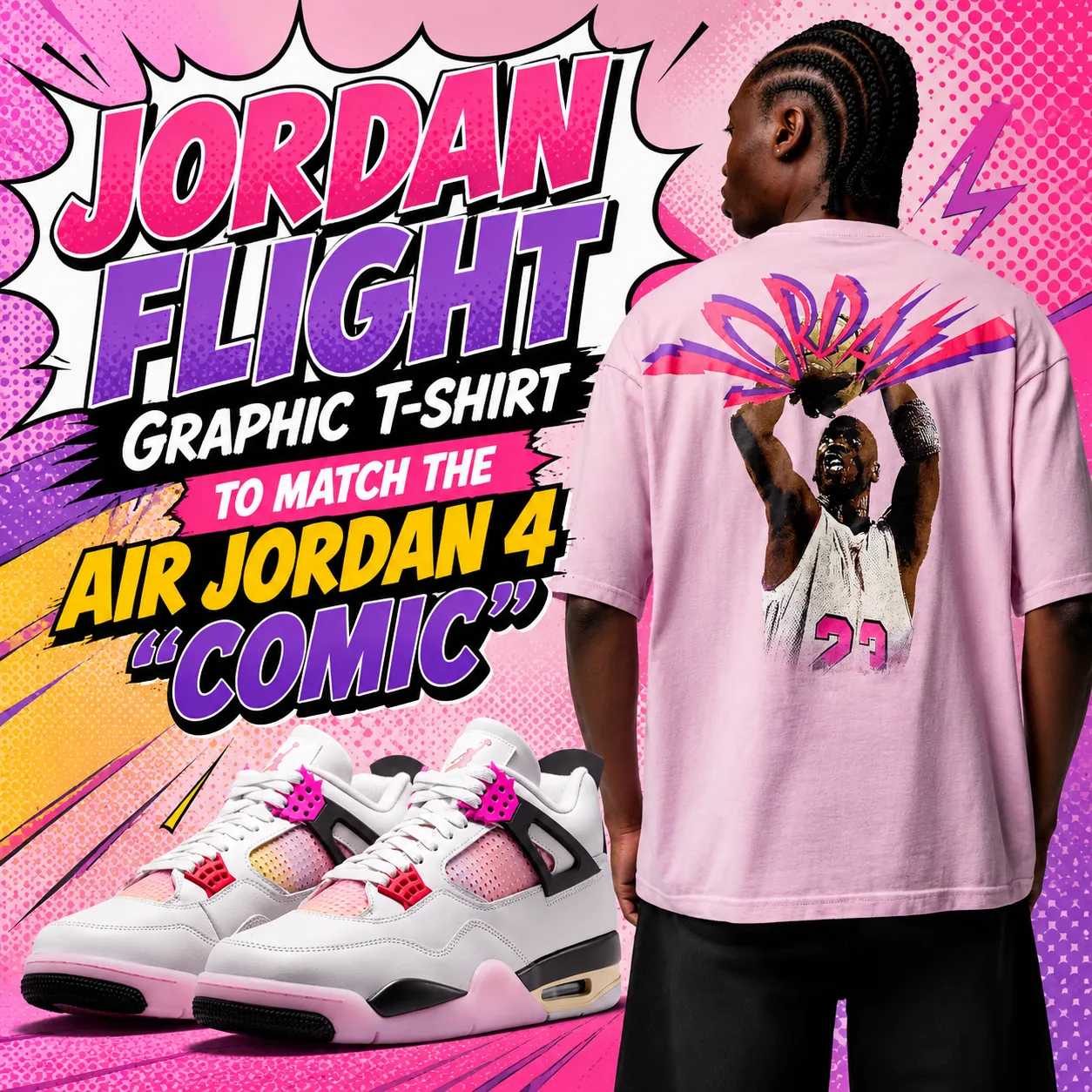 Jordan Flight Graphic T-Shirt paired with the Air Jordan 4 "Comic" sneakers in a comic book-inspired promotional graphic featuring a pink pop-art background.
