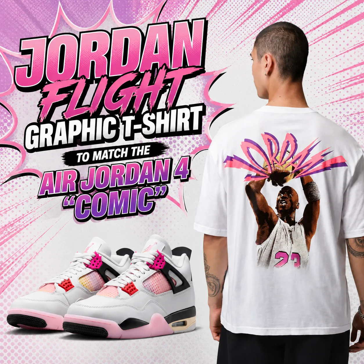 ordan Flight Graphic T-Shirt in white paired with the Air Jordan 4 "Comic" sneakers in a comic book-inspired outfit graphic with a pink pop-art background.