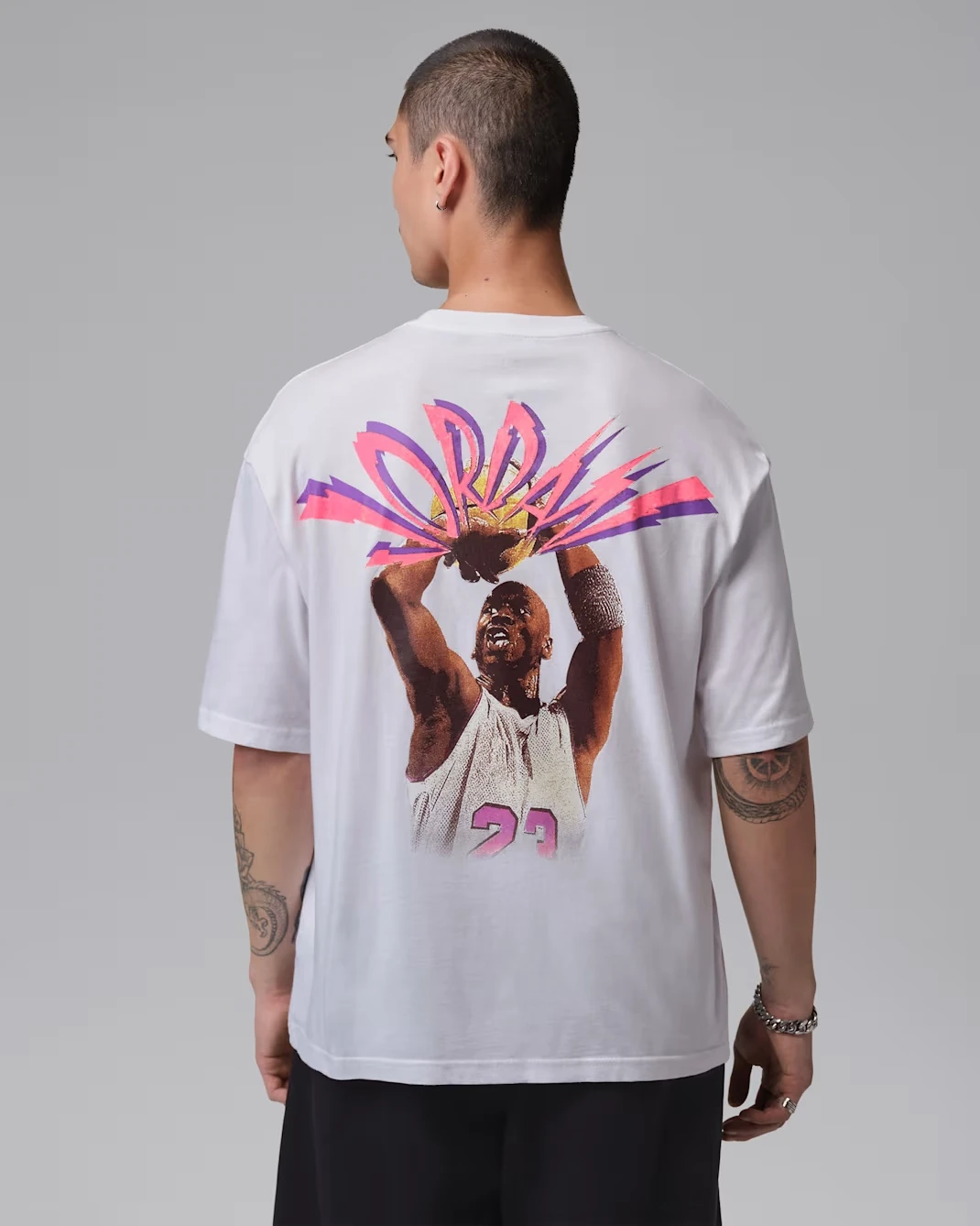 Back view of the Jordan Flight T-Shirt in white featuring oversized Michael Jordan artwork.