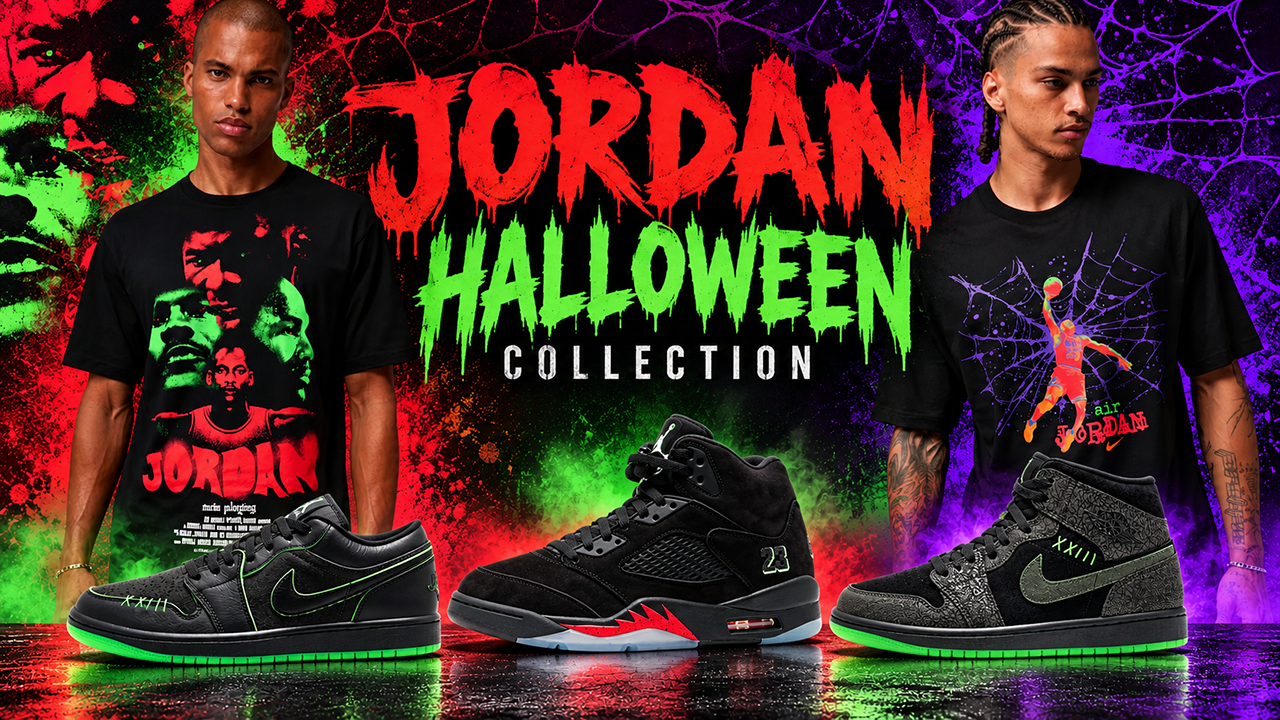 Jordan Halloween Collection featuring two graphic T-shirts and three Air Jordan sneakers against a colorful Halloween-inspired background.