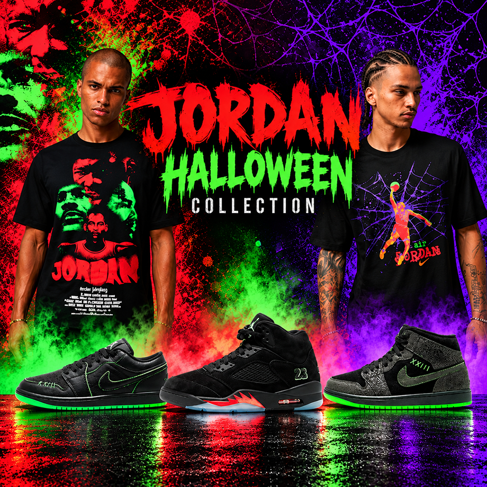 Jordan Halloween Collection featuring two Jordan Brooklyn graphic T-shirts and Air Jordan 1 Low, Air Jordan 1 Mid and Air Jordan 5 sneakers.