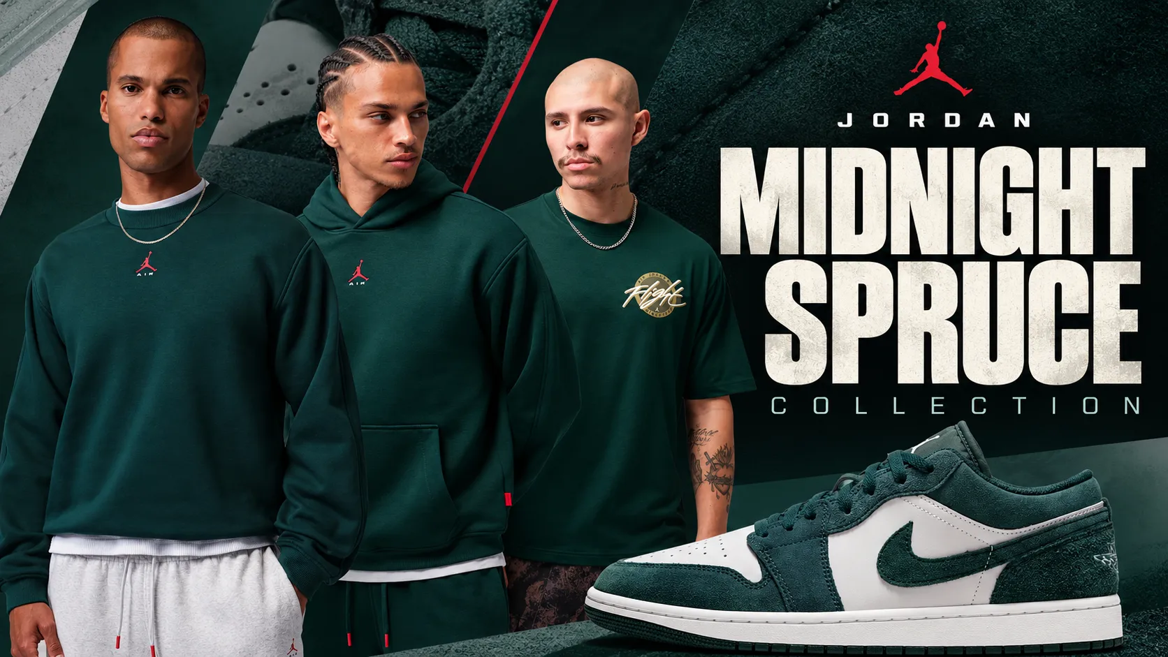 Jordan Midnight Spruce Collection featuring green Jordan apparel and the Air Jordan 1 Low.