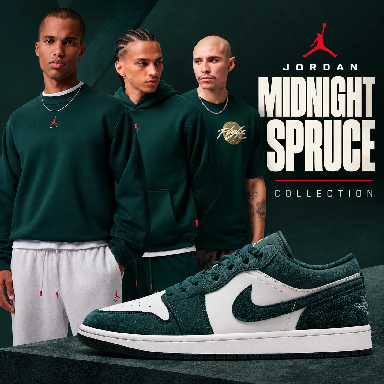 Jordan Midnight Spruce Collection featuring green Jordan apparel and the Air Jordan 1 Low.