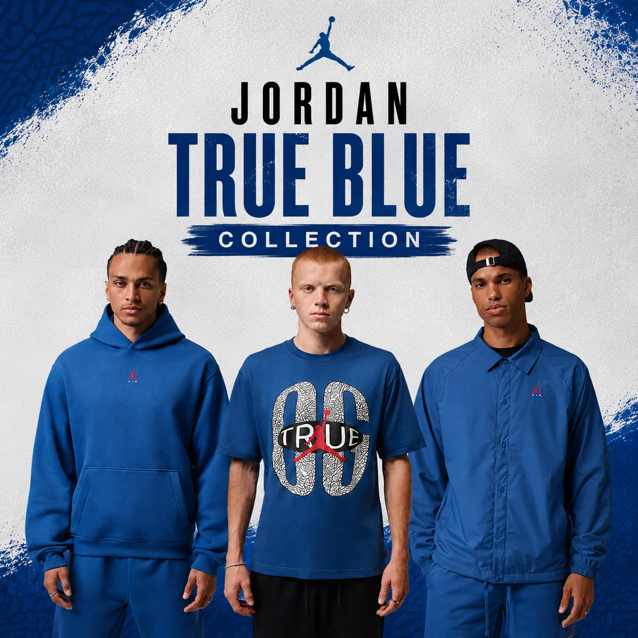 Models wearing Jordan True Blue clothing outfits including a hoodie, graphic T-shirt and jacket with matching Jordan shoes inspiration.