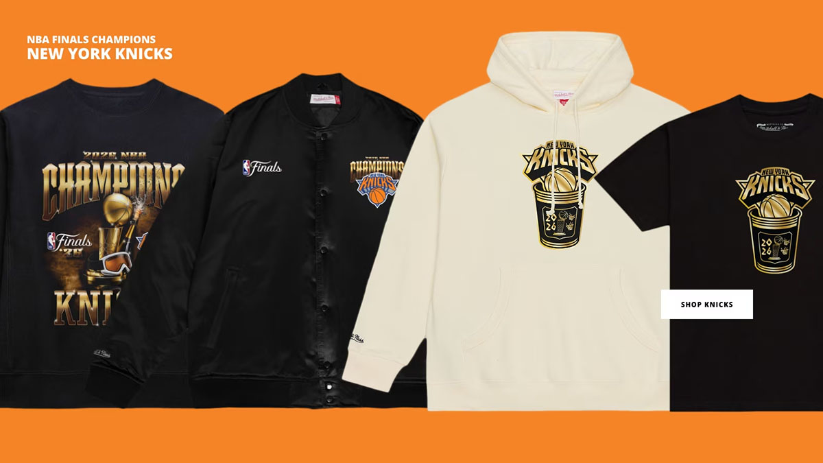 Mitchell & Ness New York Knicks championship collection featuring shirts, hoodies and jackets celebrating the 2026 NBA Finals title