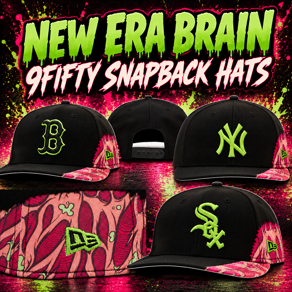 New Era Brain 9FIFTY Snapback Caps featuring the Boston Red Sox, New York Yankees and Chicago White Sox in black with lime green logos and pink Halloween-inspired brain graphics.