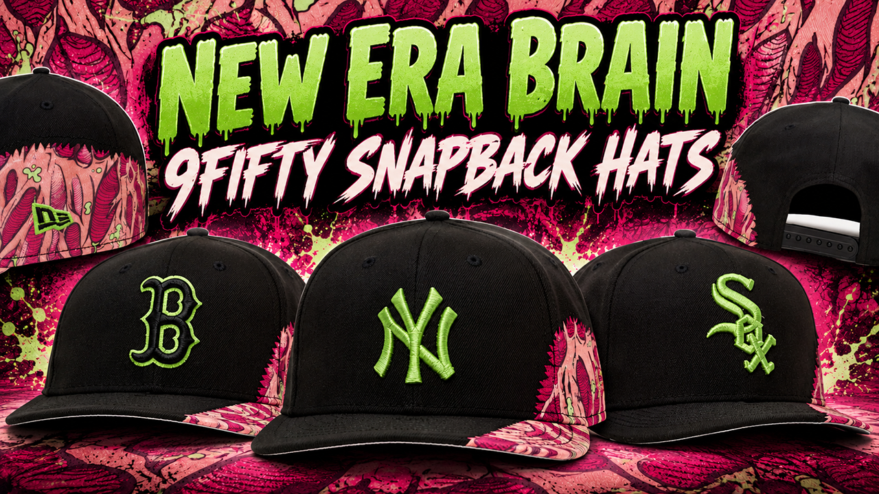 New Era Brain 9FIFTY Snapback Hats featuring the New York Yankees, Boston Red Sox and Chicago White Sox in black with lime green logos and pink Halloween-inspired brain graphics.