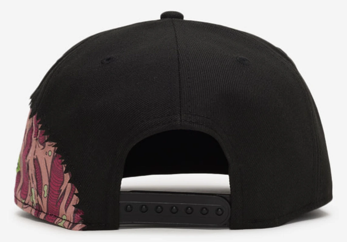 Rear view of black New Era Brain 9FIFTY snapback hat with adjustable black snapback closure and pink, burgundy and lime green brain graphics.