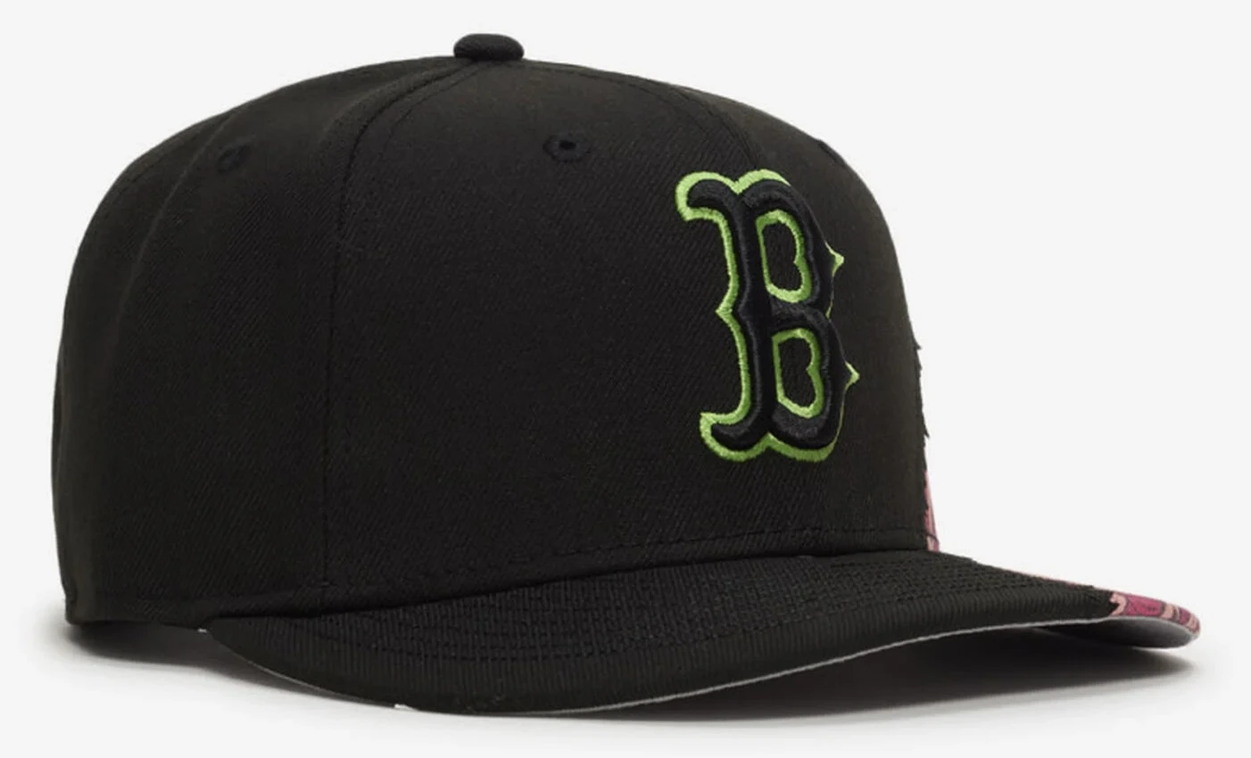 New Era Boston Red Sox Brain 9FIFTY black snapback hat with lime green outlined B logo and pink Halloween-inspired brain graphics.