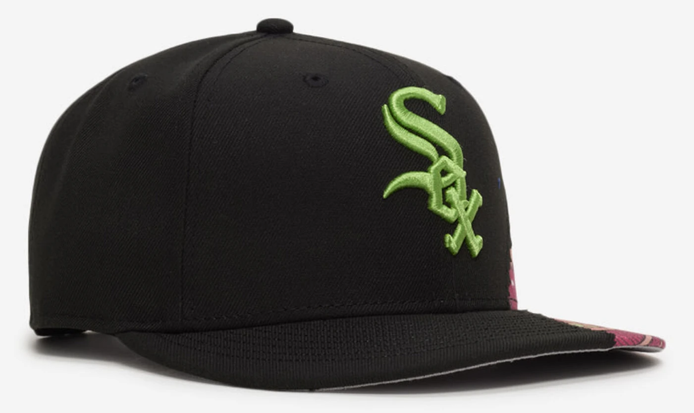 New Era Chicago White Sox Brain 9FIFTY black snapback hat with lime green embroidered Sox logo and pink Halloween brain graphics.