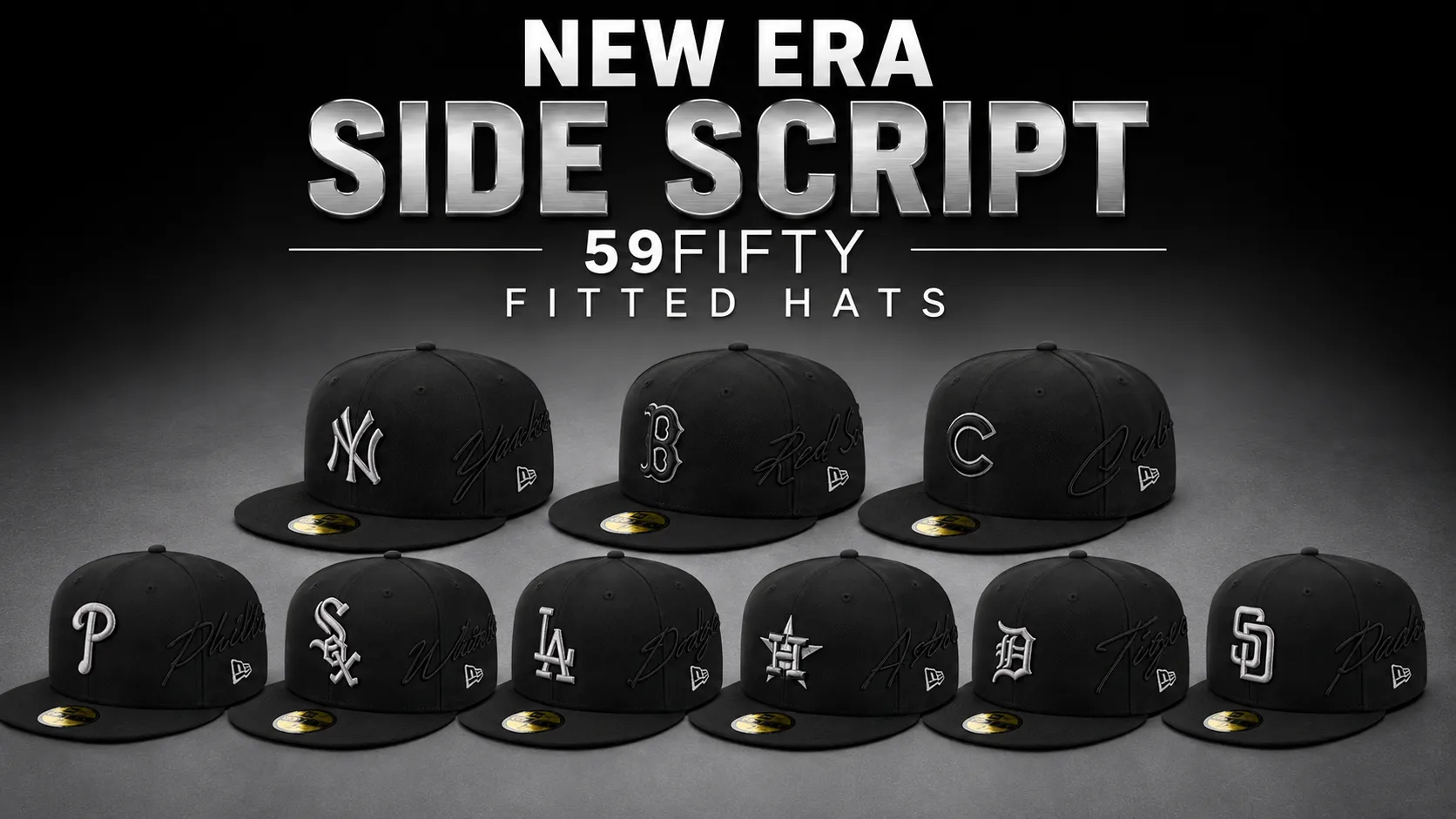 New Era Side Script 59FIFTY fitted hats in black featuring MLB team logos and tonal script embroidery.