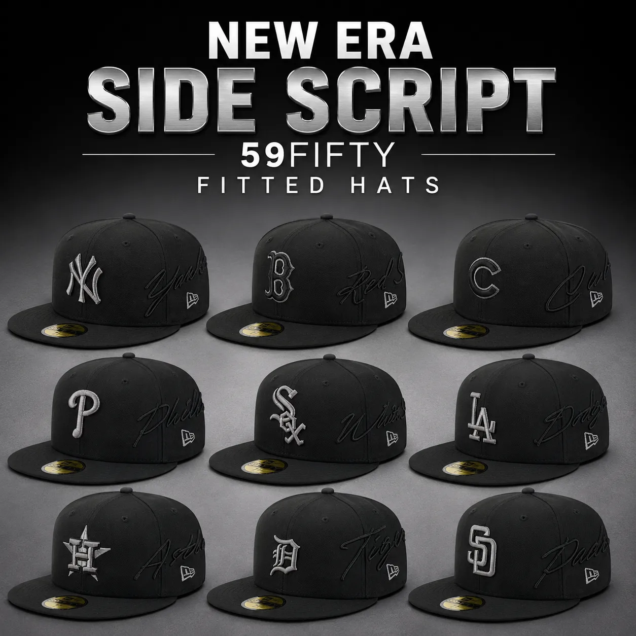 New Era Side Script 59FIFTY fitted hats in black featuring Yankees, Red Sox, Cubs, Phillies, White Sox, Dodgers, Astros, Tigers and Padres logos.