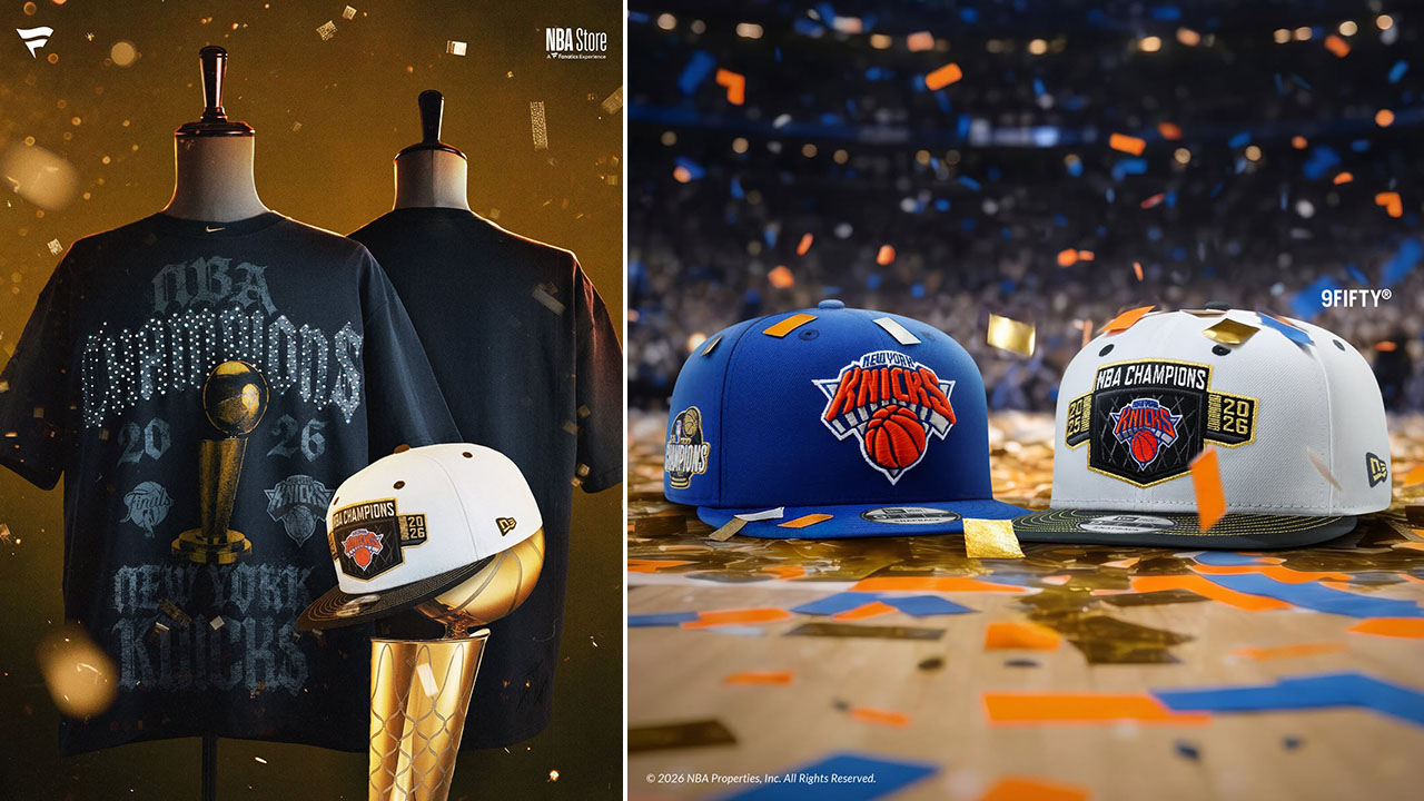 New York Knicks 2026 NBA Finals Champions Collection featuring championship shirts, hats, jerseys and merchandise