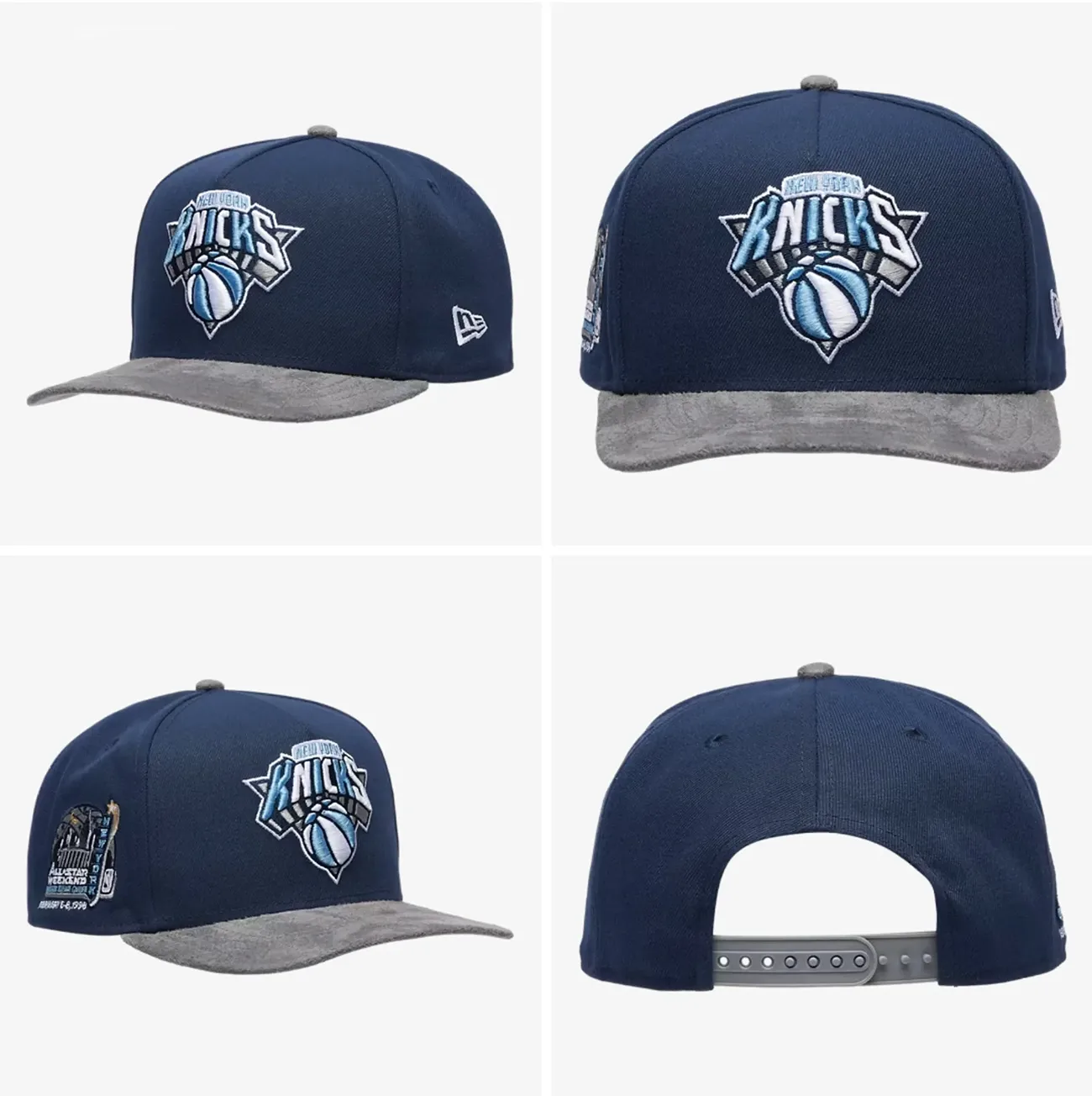 New York Knicks New Era 9FIFTY A-Frame Snapback hat with a navy crown, grey visor and commemorative side patch to match the Air Jordan 13 Flint (2026).