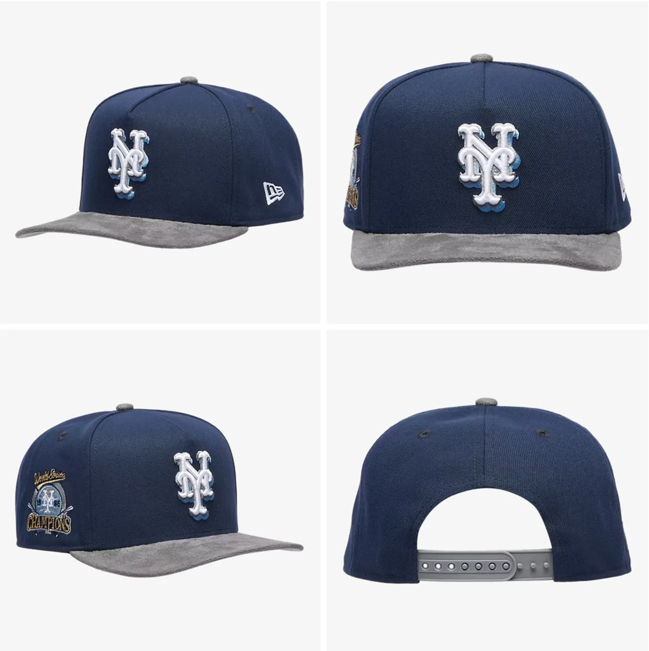 New York Mets New Era 9FIFTY A-Frame Snapback hat in navy with a grey visor and championship side patch to match the Air Jordan 13 Flint (2026).