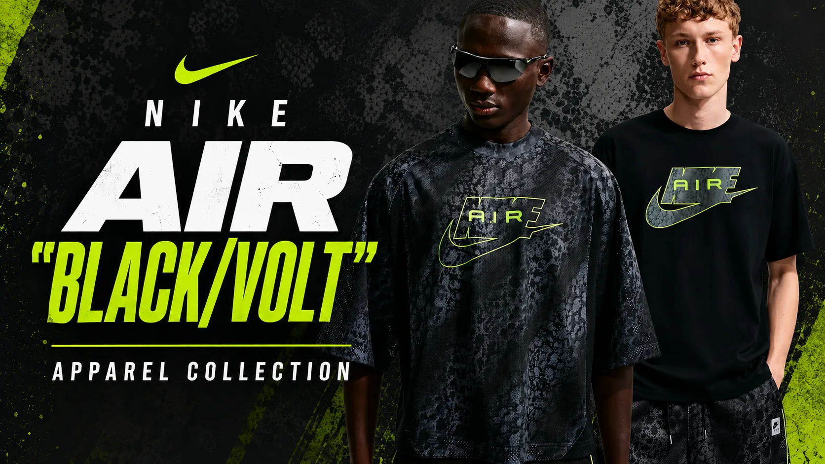 Featured image showcasing the Nike Air "Black/Volt" apparel collection with models wearing matching Nike Air graphic shirts and sportswear in black with Volt accents.