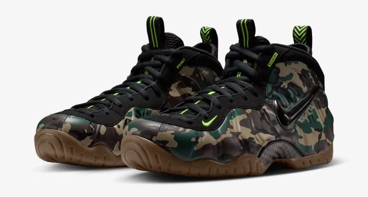 Nike Air Foamposite Pro Green Camo in Black Voltage Green and Gum Dark Brown