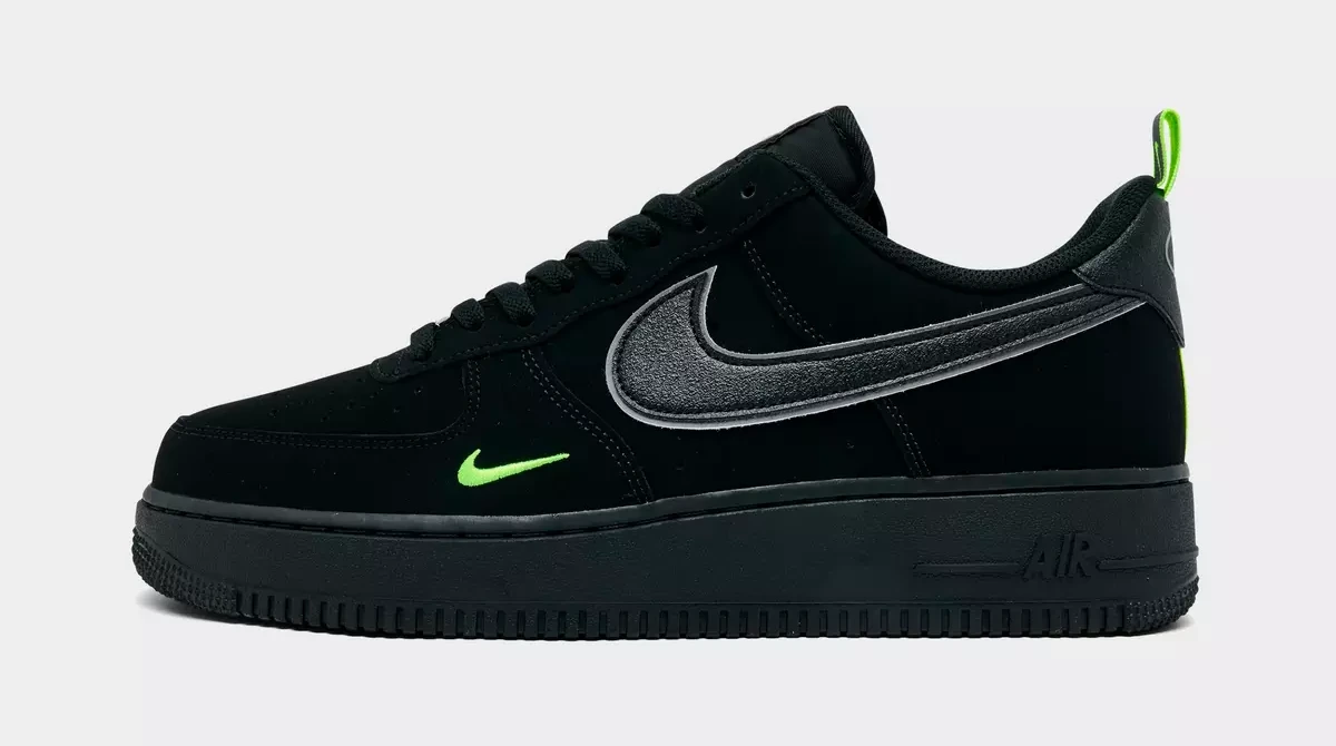 Nike Air Force 1 '07 LV8 sneakers in Black/Flat Pewter/Volt featuring a metallic grey Swoosh and Volt accents.