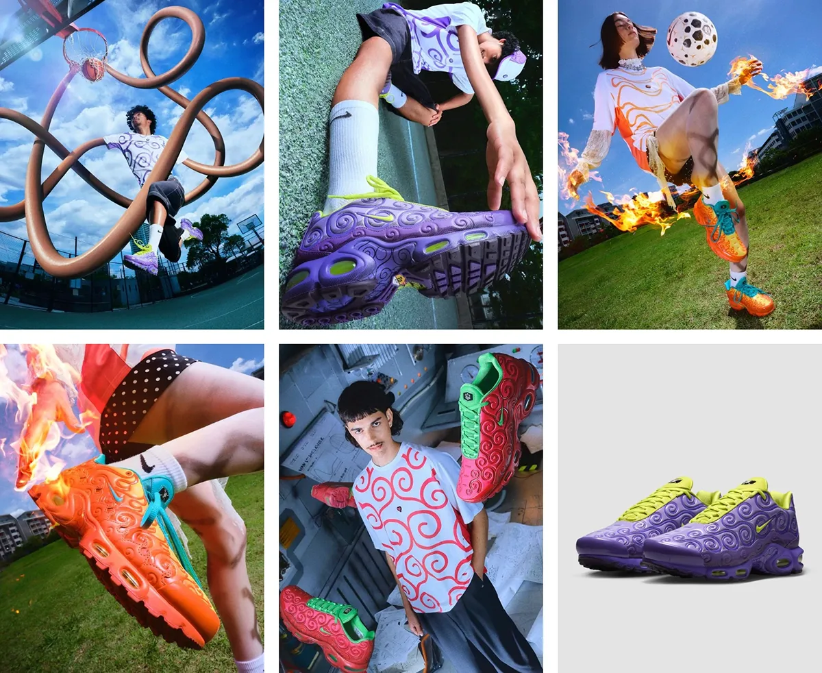 Nike x One Piece Air Max Plus footwear and apparel collection in purple orange red and green