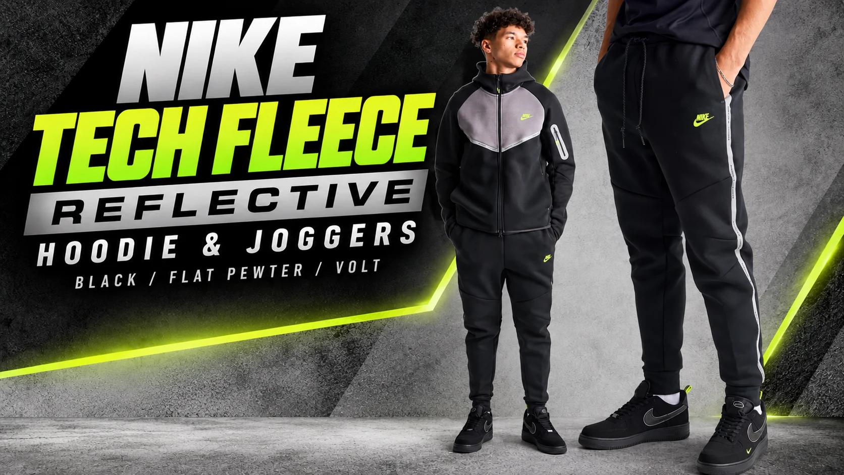 Nike Tech Fleece Reflective Windrunner Hoodie and Joggers in Black/Flat Pewter/Volt, featuring a matching outfit with reflective details and Volt accents.