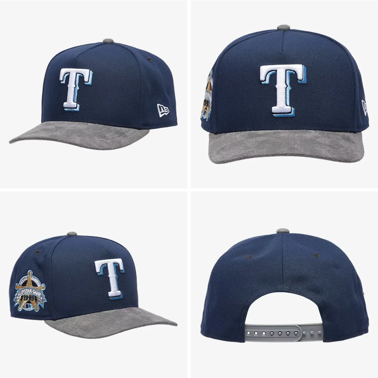 Texas Rangers New Era 9FIFTY A-Frame Snapback hat in navy with a grey visor and commemorative side patch to match the Air Jordan 13 Flint (2026).