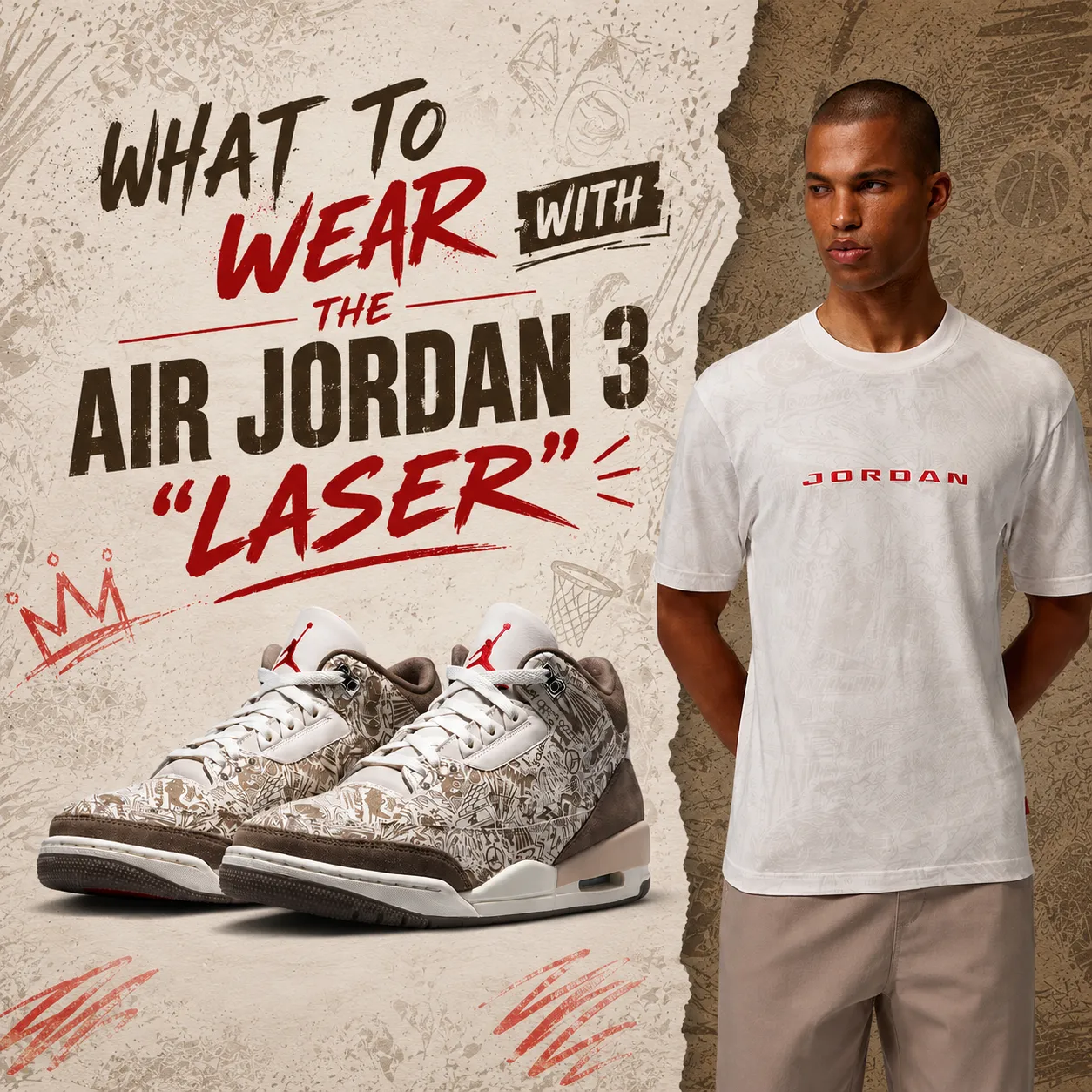 Air Jordan 3 “Laser” sneakers with matching Jordan Brand T-shirt and What to Wear outfit graphic.