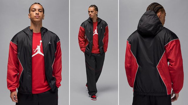 Jordan Brooklyn Mens Hooded Draft Jacket Black Gym Red White