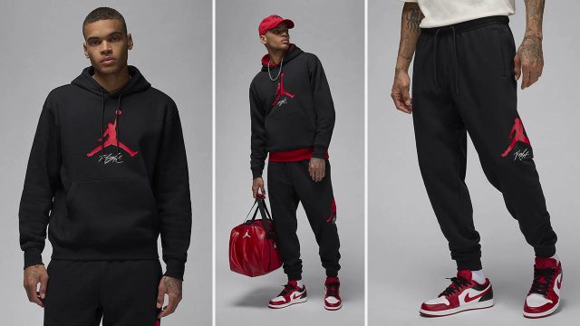 Jordan Essentials Baseline Fleece Pullover Hoodie and Pants Black Gym Red