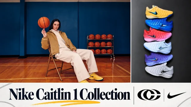 Nike Caitlin 1 Collection lead image featuring yellow, blue, pink, white and purple basketball shoes with a khaki jacket and sail outfit.