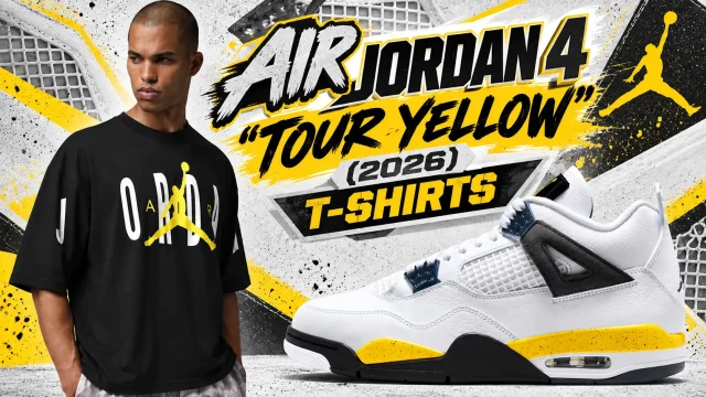 Jordan Brand black and Tour Yellow T-shirt paired with the Air Jordan 4 “Tour Yellow” 2026 sneakers.