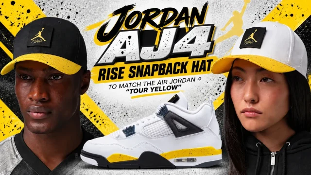Jordan AJ4 Rise Snapback Hats in black, white and Tour Yellow with the Air Jordan 4 “Tour Yellow” sneakers.