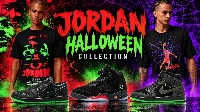 Jordan Halloween Collection featuring two graphic T-shirts and three Air Jordan sneakers against a colorful Halloween-inspired background.
