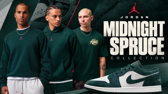 Jordan Midnight Spruce Collection featuring green Jordan apparel and the Air Jordan 1 Low.