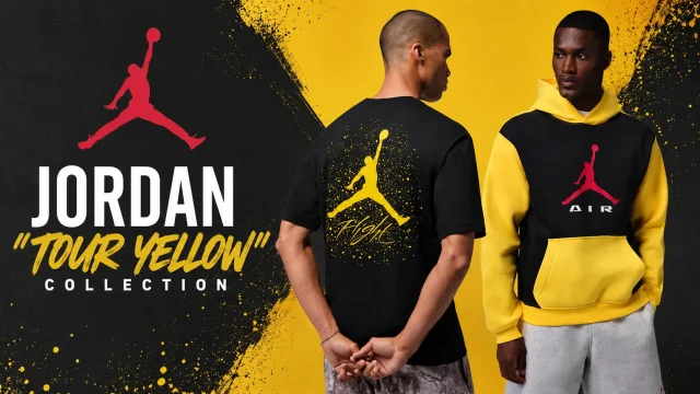 Models wearing black and Tour Yellow Jordan Brand T-shirt and hoodie from the Jordan “Tour Yellow” Collection.