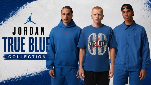 Models wearing Jordan True Blue apparel including a hoodie, AJ3 graphic T-shirt and coaches jacket with matching Jordan True Blue sneakers and outfit inspiration.