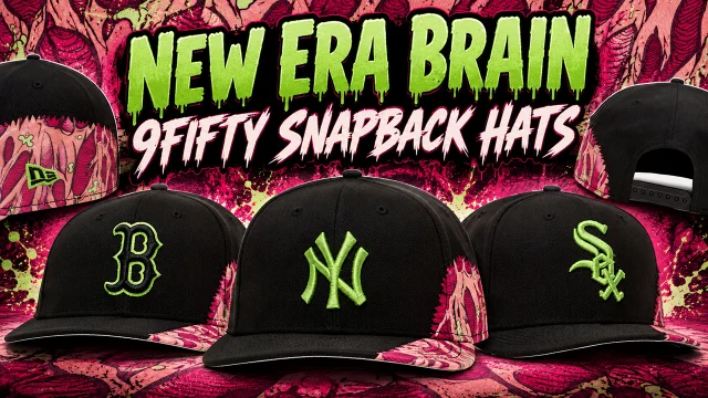 New Era Brain 9FIFTY Snapback Hats featuring the New York Yankees, Boston Red Sox and Chicago White Sox in black with lime green logos and pink Halloween-inspired brain graphics.