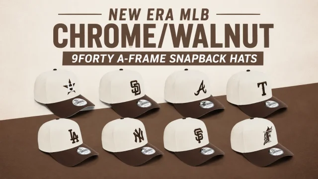 New Era MLB Chrome/Walnut 9FORTY A-Frame Snapback Hats featuring Astros, Padres, Braves, Rangers, Dodgers, Yankees, Giants and Marlins styles.