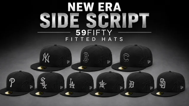 New Era Side Script 59FIFTY fitted hats in black featuring MLB team logos and tonal script embroidery.