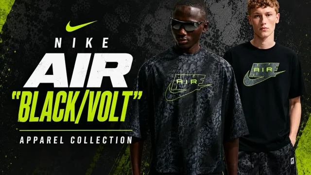 Featured image showcasing the Nike Air "Black/Volt" apparel collection with models wearing matching Nike Air graphic shirts and sportswear in black with Volt accents.