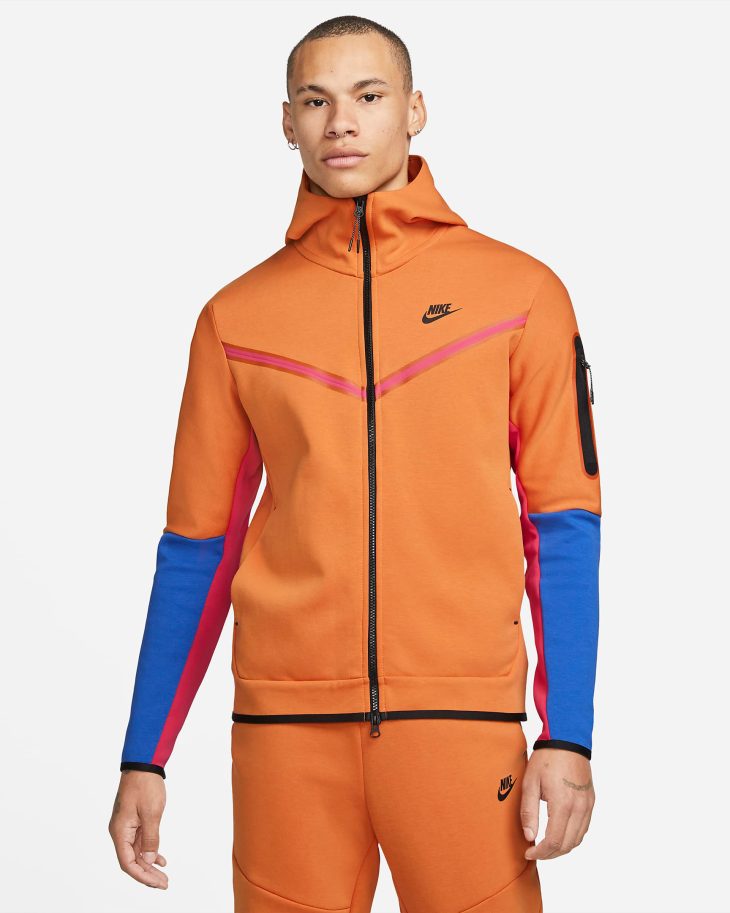 Nike Tech Fleece Hoodie in Hot Curry Orange Game Royal Pink